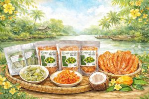 Đặc sản miền Tây làm quà gồm trà mãng cầu OCOP, khô cá lóc và kẹo dừa sáp