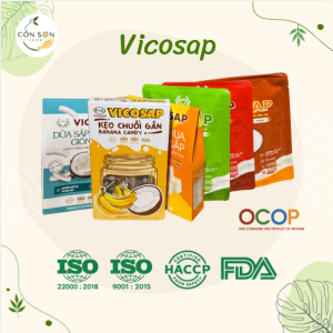Kẹo Vicosap Cồn Sơn Food là sản phẩm OCOP đặc sản miền Tây gồm kẹo dừa và kẹo chuối gân mềm dẻo, thơm ngon và được làm từ nguyên liệu truyền thống quen thuộc.